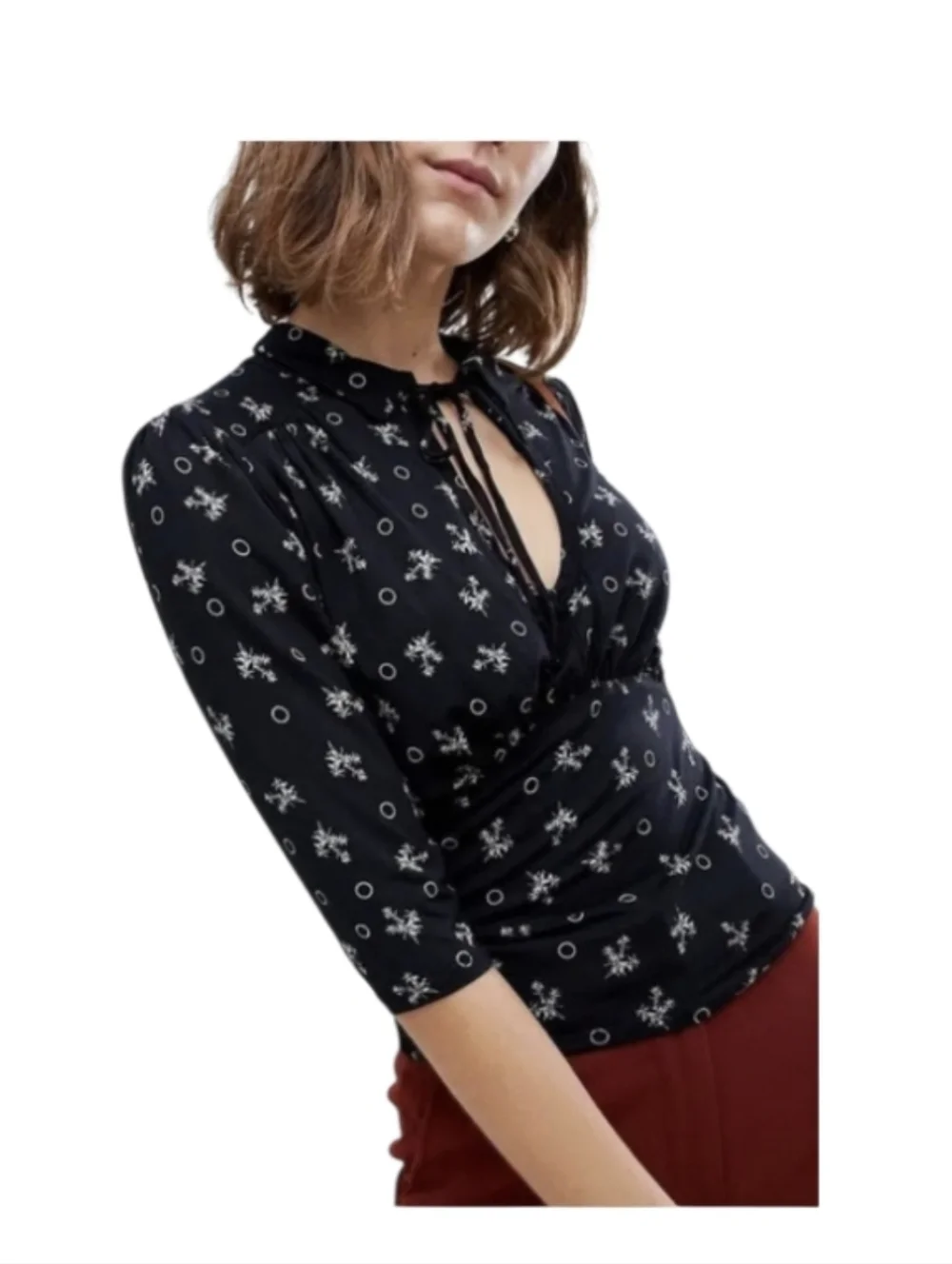 Free People Soraya Top Ultra Soft XS Black Floral Tie-Neck Blouse